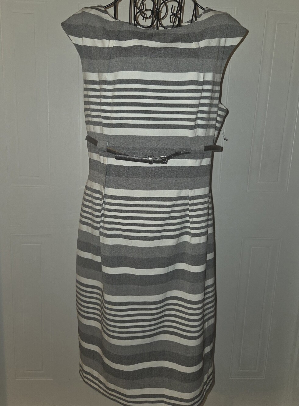Calvin Klein Gray White Striped Belted Sheath Dress Size 12 NWOT